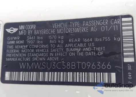 2011 Mini Cooper из США, поврежденный, VIN WMWSU3C58BT096366